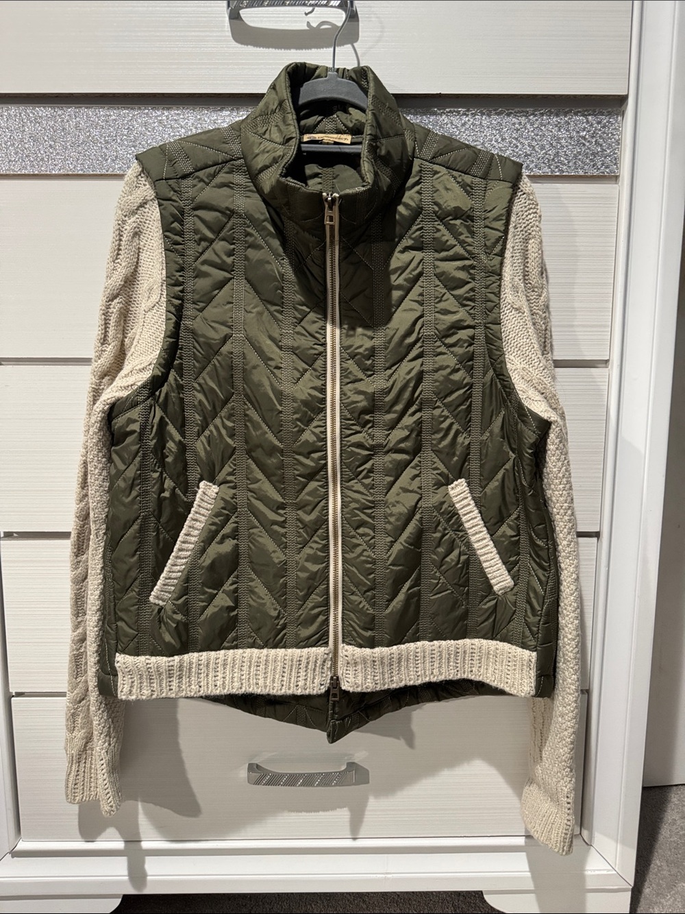 Democracy Green Zip-Front Jacket with Cream Knit Sleeves